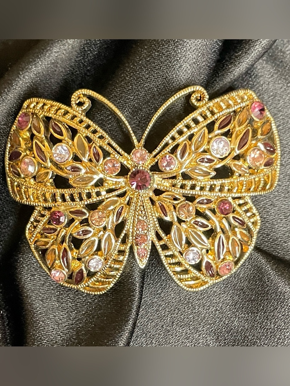 VINTAGE Gold Tone Butterfly Brooch with Multi-Colour Rhinestones